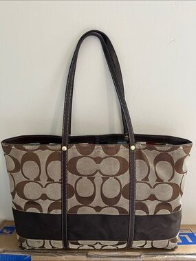 Coach Brown Signature Canvas and Leather-Trim Tote